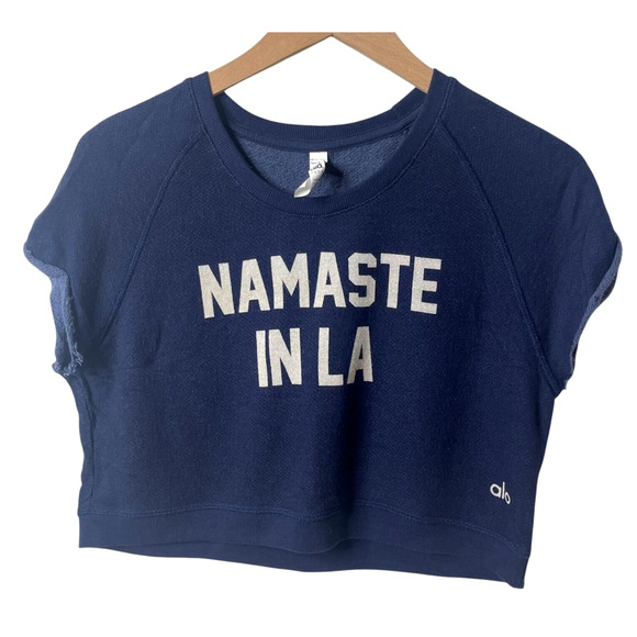 ALO Yoga Namaste In LA Spell Out Crop Top Raglan Sleeve Crew Neck Blue Small - Picture 2 of 7